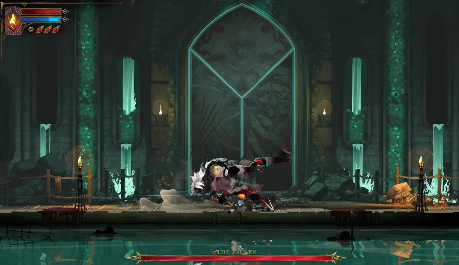 Rose Belmont cuerpo a cuerpo contra The Fallen en su arena de Castlevania: Belmont's Curse