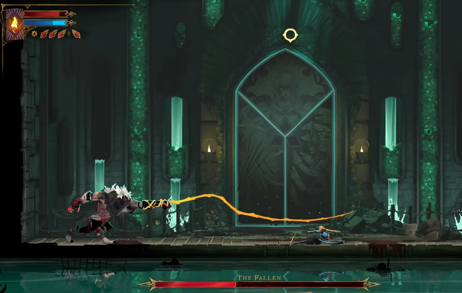 The Fallen lanza un latigazo frontal y Rose Belmont se desliza por debajo en Castlevania: Belmont's Curse