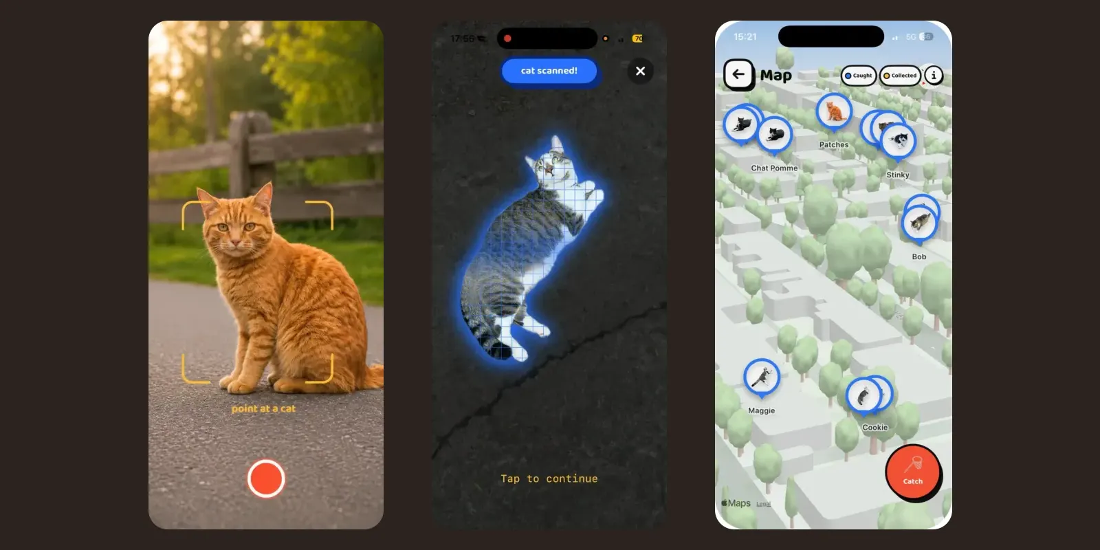 Tres pantallas de Cat Collector, la app para coleccionar gatos: la cámara apuntando a un gato naranja, el escaneo de un gato atigrado y el mapa con los gatos atrapados