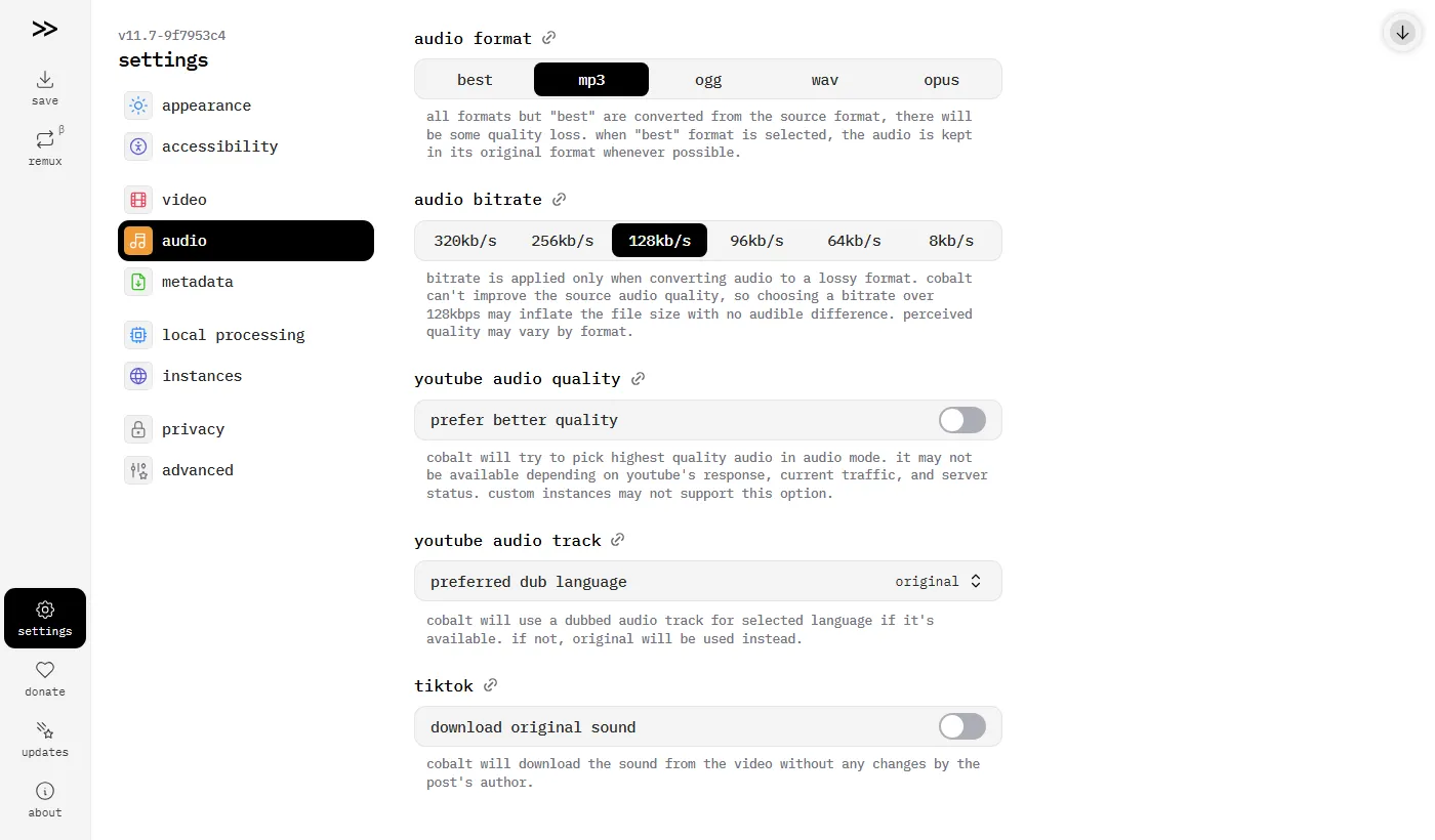 Menú de configuración de audio de cobalt.tools, con formato MP3 y bitrate de 128 kb/s