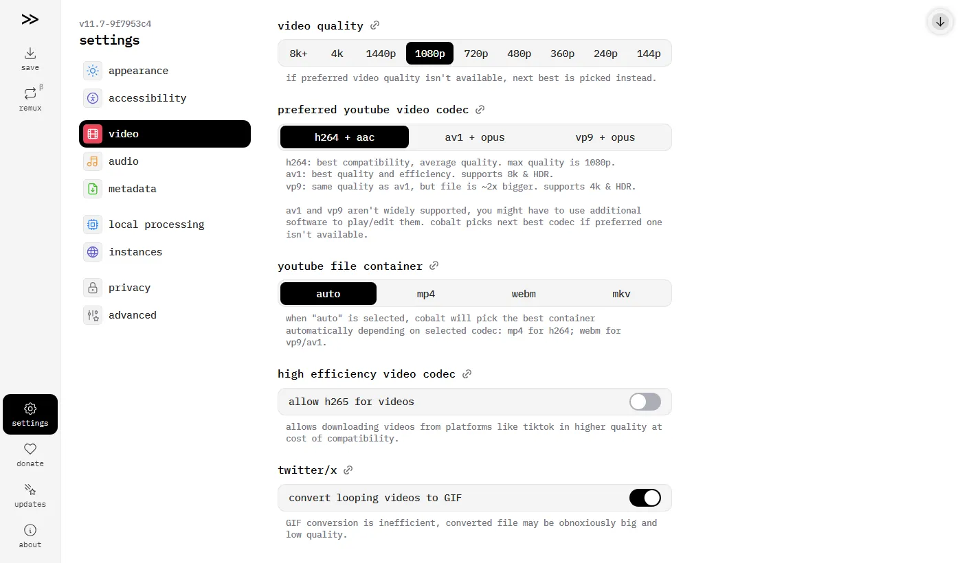 Menú de configuración de video de cobalt.tools, con la calidad en 1080p y opciones de 144p a 8K