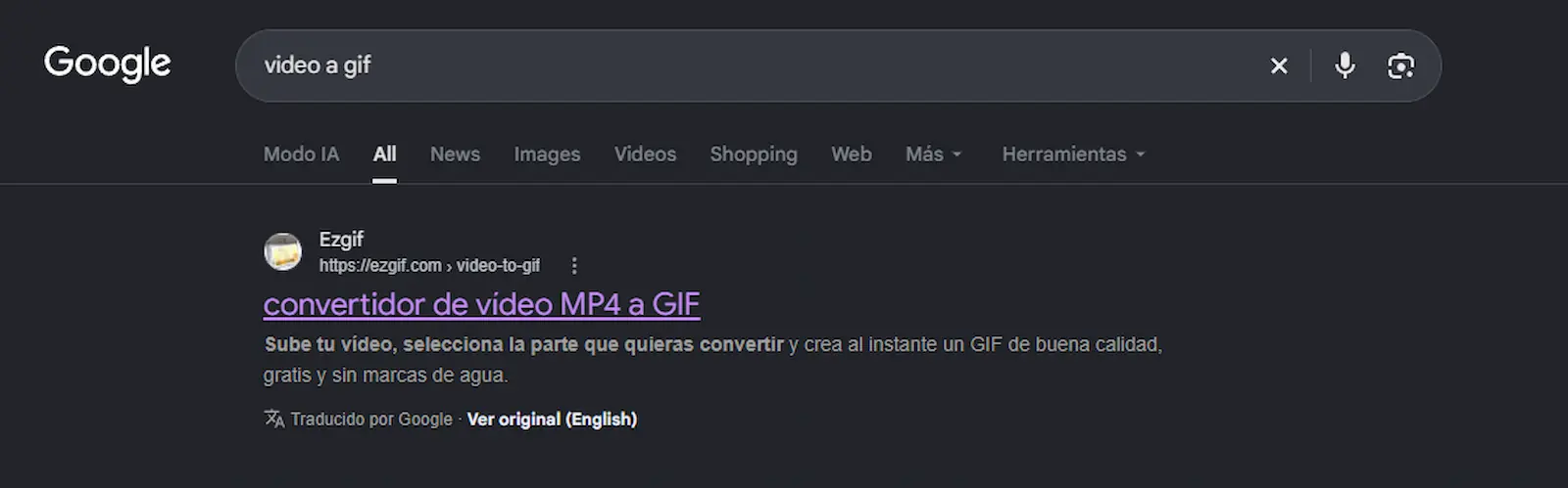 Búsqueda en Google de un convertidor de video a GIF, con Ezgif como primer resultado