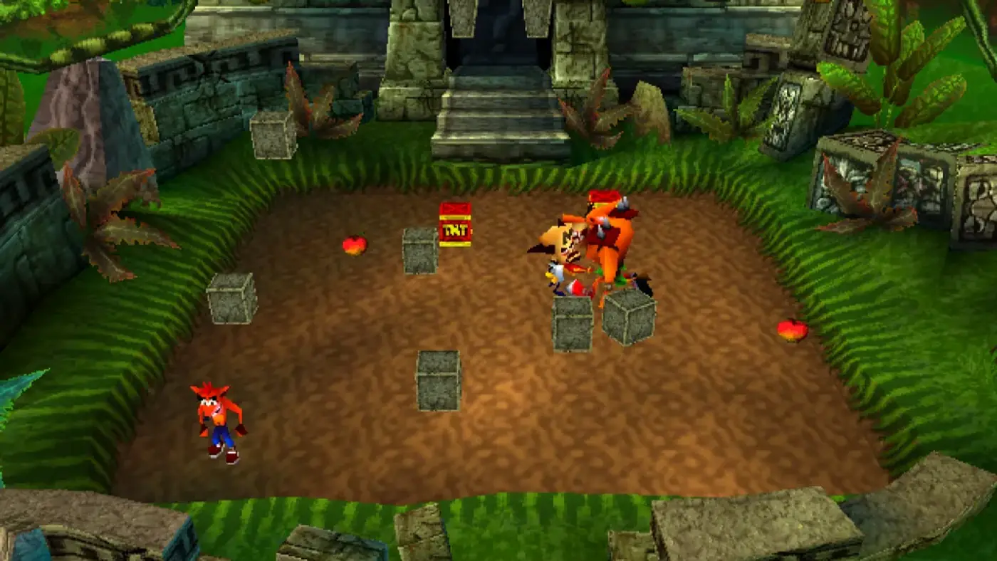 Crash Bandicoot y otros personajes peleando entre cajas en la arena Jungle Bash de Crash Bash Online, el port de Crash Bash para navegador