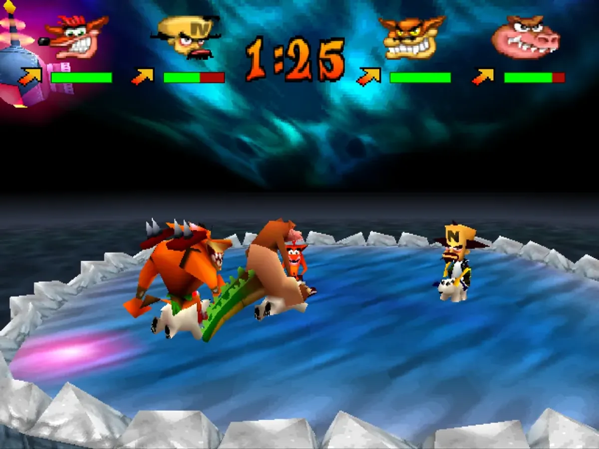 Personajes de Crash Bash montados en osos polares sobre una plataforma de hielo en la arena Polar Panic de Crash Bash Online