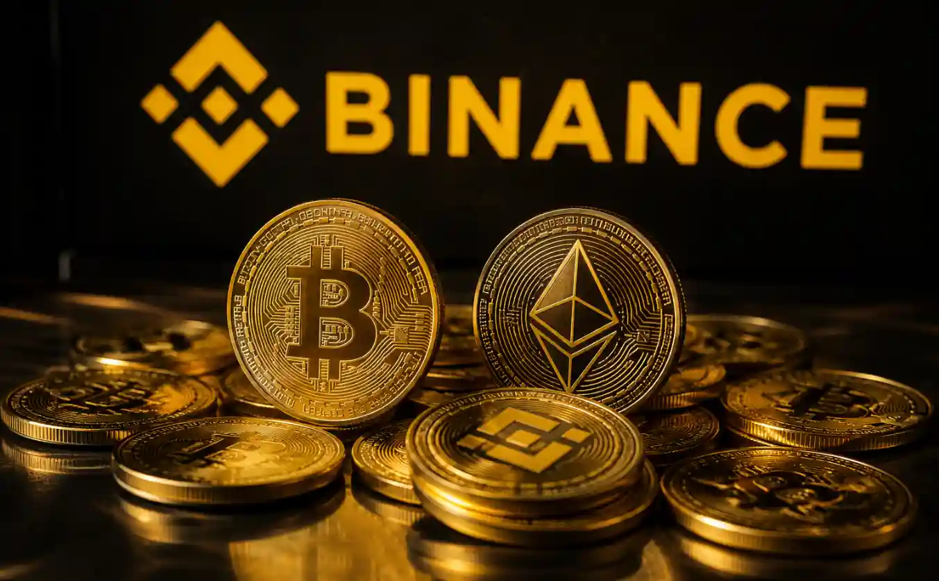 Monedas de Bitcoin, Ethereum y BNB frente al logo de Binance