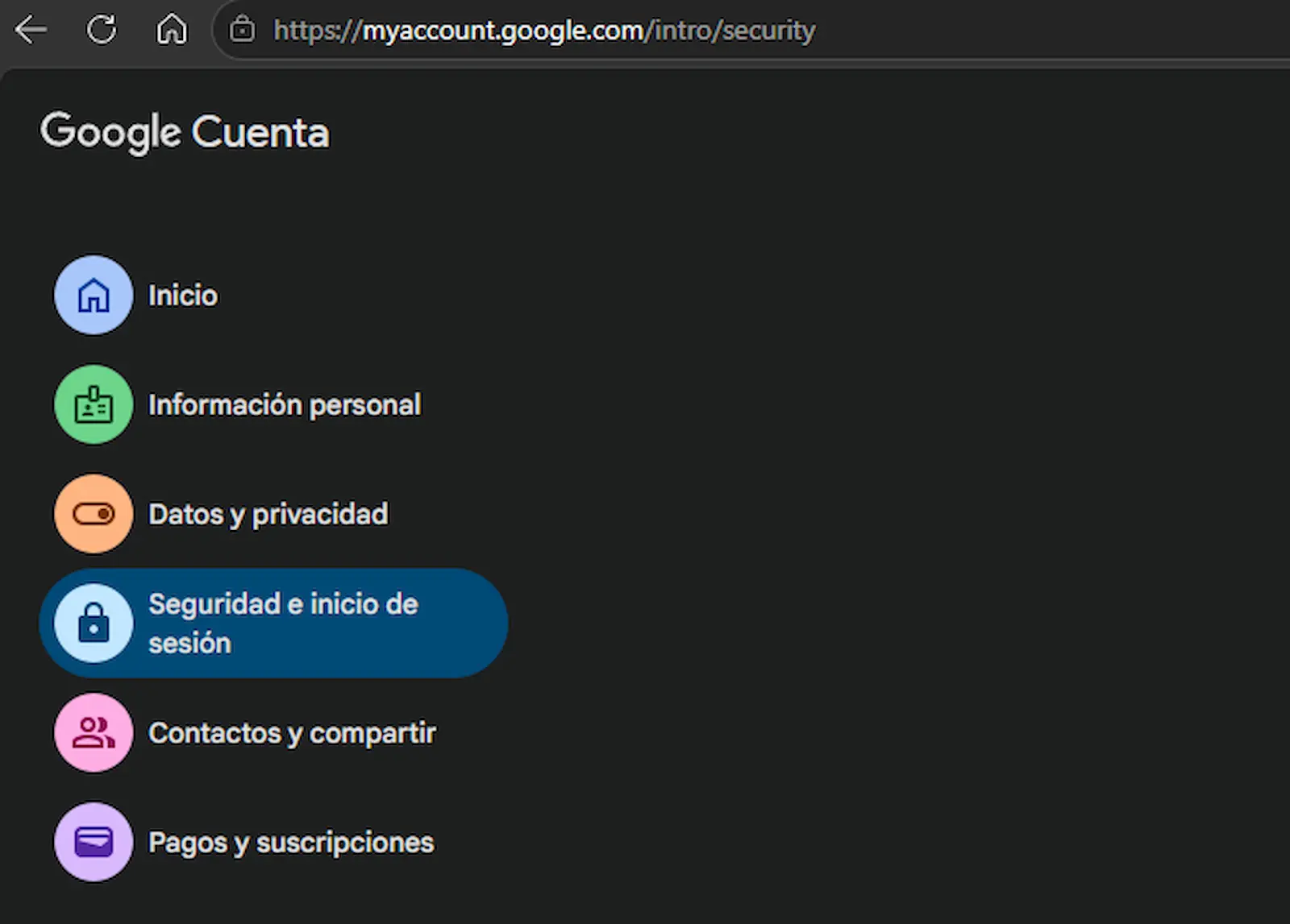 Menú de la Cuenta de Google en myaccount.google.com, con la sección Información personal