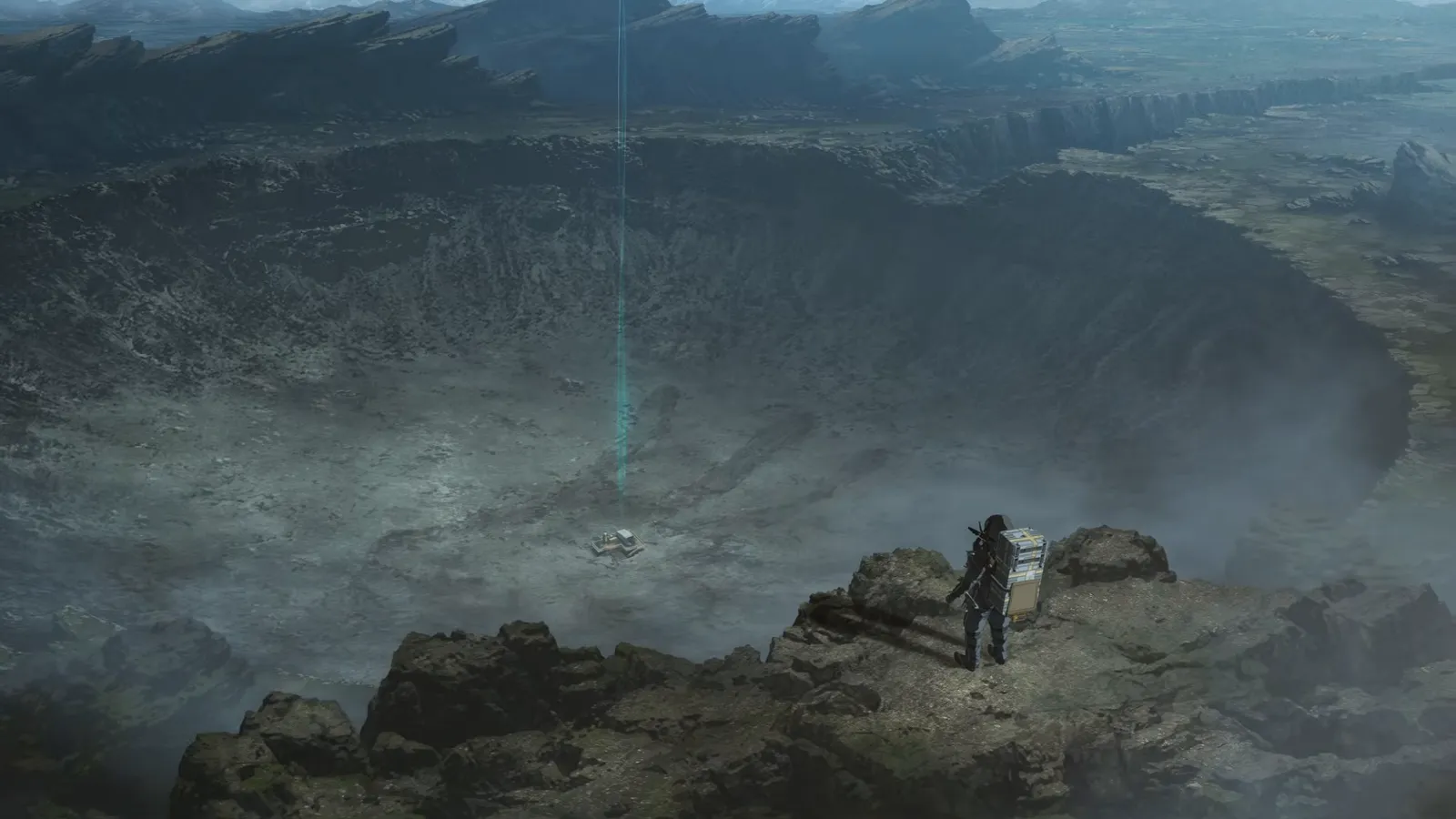 Un porteador con su carga frente a un cráter gigante en el tráiler del anime Death Stranding Isolations
