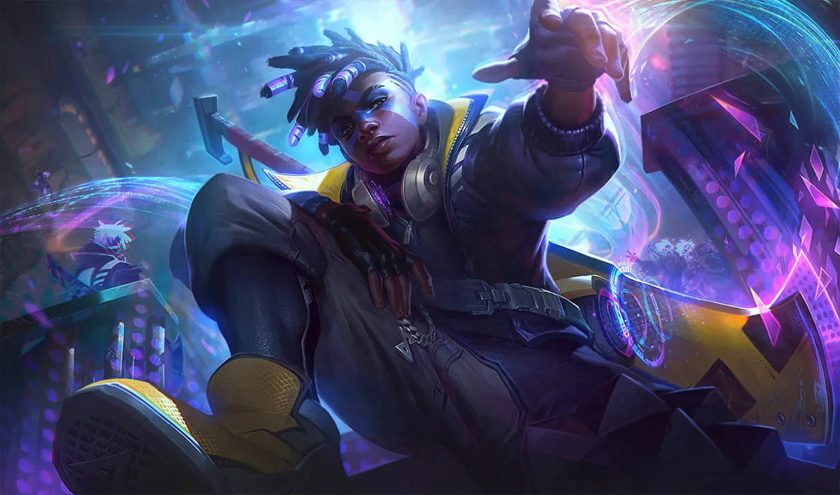 Arte oficial de Ekko True Damage en League of Legends, cuyo emote es una de las recompensas de los Pick'Ems de Worlds 2026