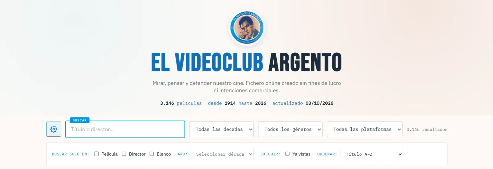 Página de inicio de El Videoclub argento, con el buscador del archivo digital de cine argentino