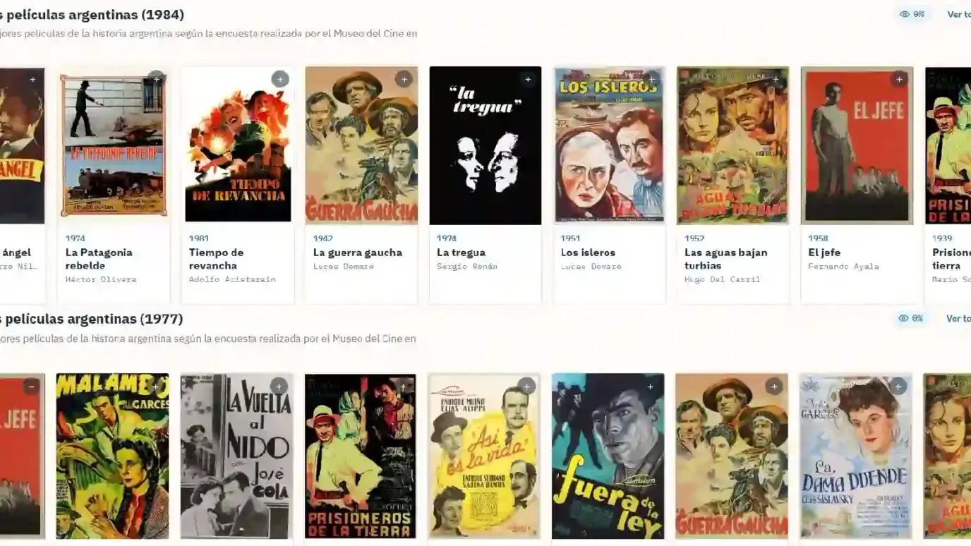 Catálogo de El Videoclub argento con afiches de clásicos del cine argentino elegidos en las encuestas del Museo del Cine