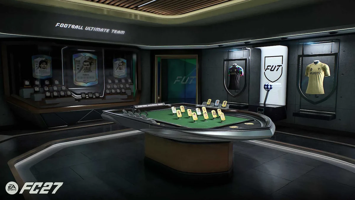 Salón de Ultimate Team en EA Sports FC 27, con cartas de jugadores y camisetas en exhibición