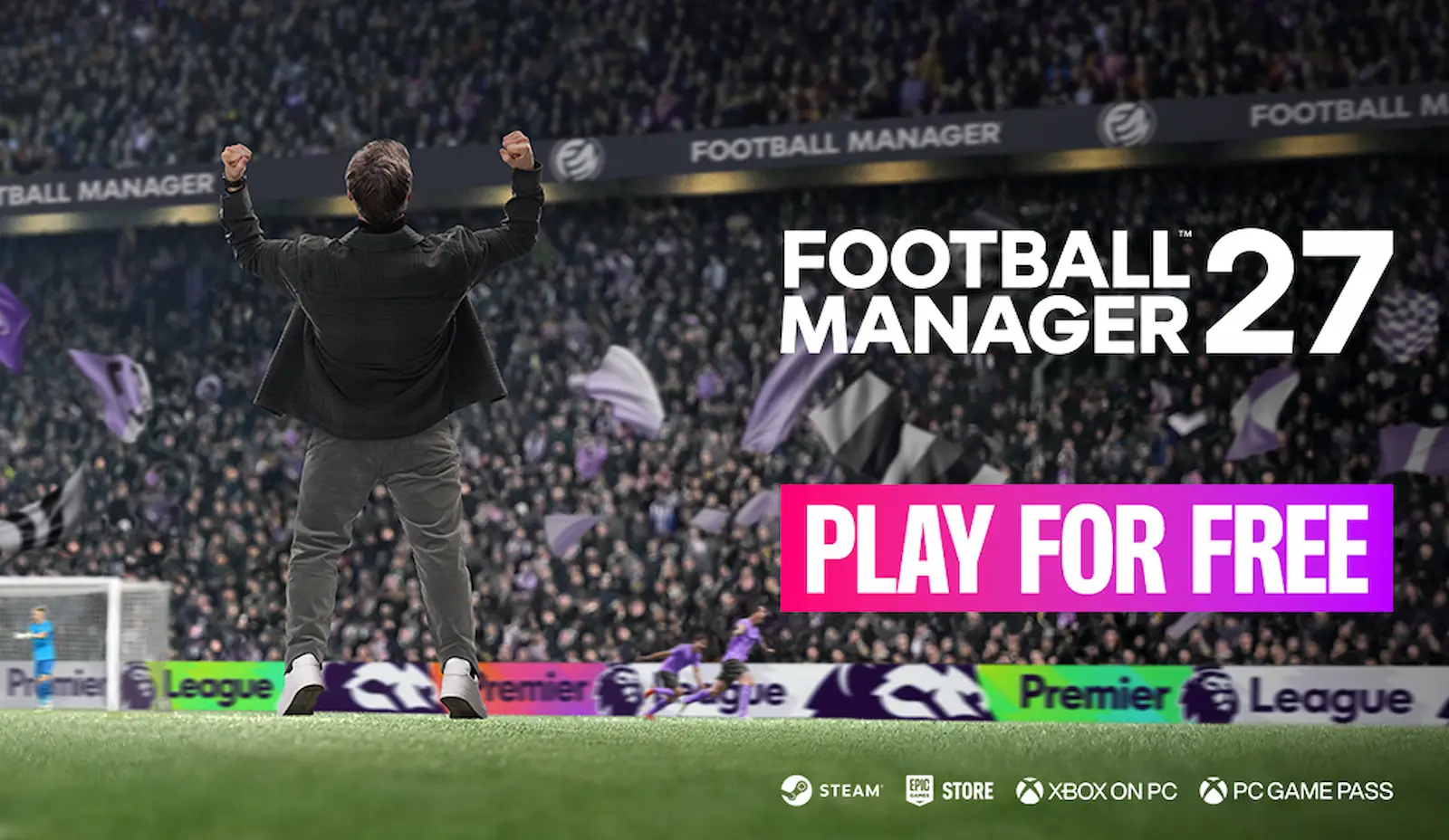 Arte promocional de la prueba gratis de Football Manager 27, con un entrenador de espaldas frente a la tribuna y el texto Play for free