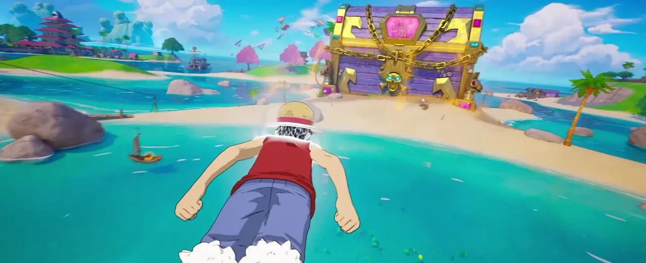 Luffy se lanza por el aire hacia una playa de la isla en el gameplay de Fortnite One Piece