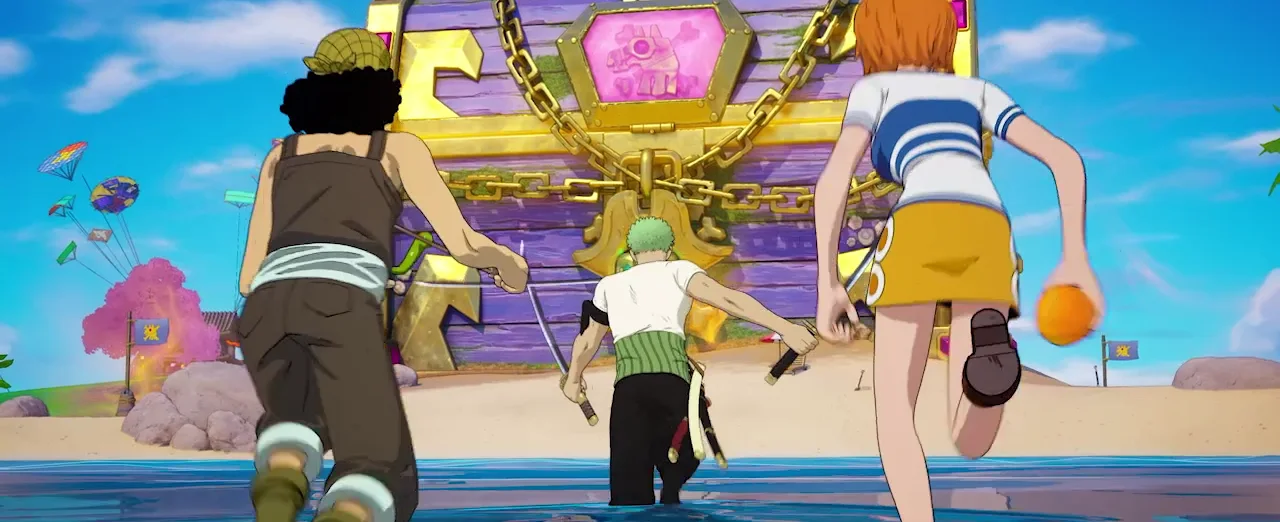 Usopp, Zoro y Nami corren hacia un cofre gigante encadenado en el gameplay de Fortnite One Piece