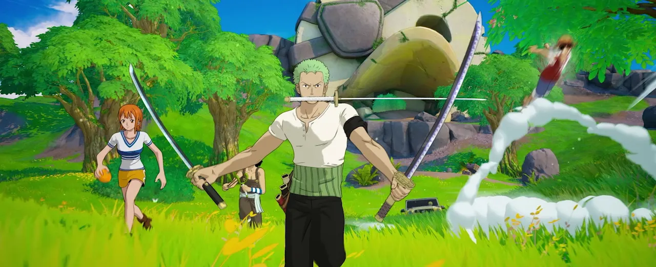 Zoro con su estilo de tres espadas y Nami en el gameplay de Fortnite One Piece