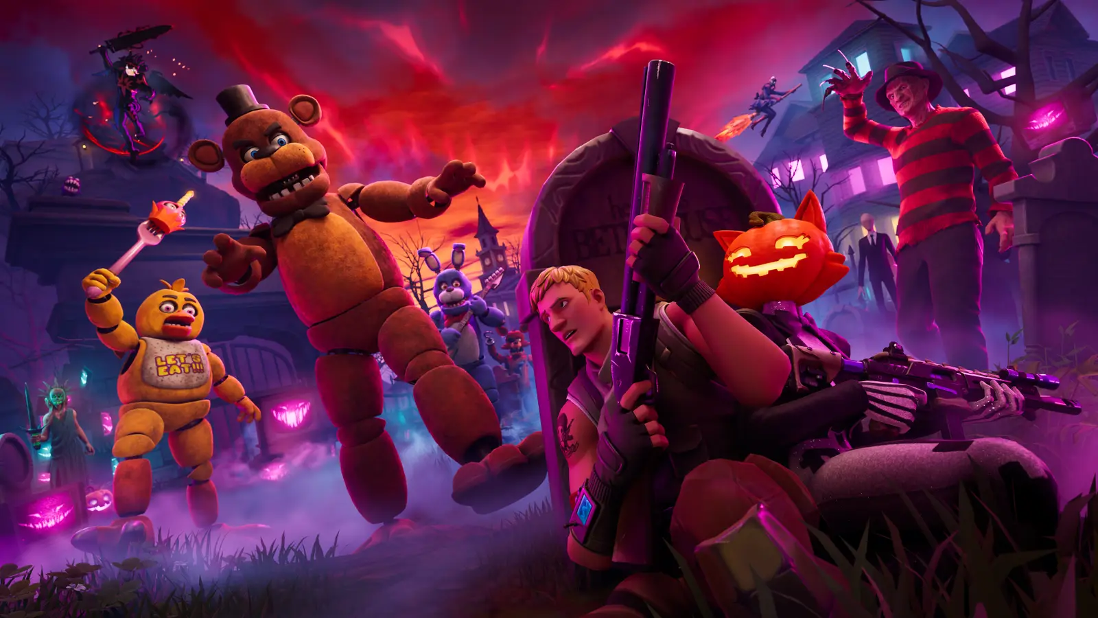 Arte oficial de Fortnitemares 2026 con Freddy Fazbear, Chica y Freddy Krueger en la isla de Fortnite