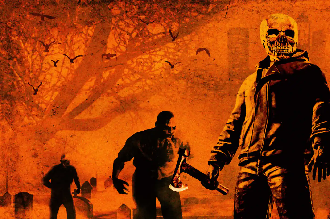 Homicida con máscara de calavera y hacha frente a zombis en un cementerio, en el arte oficial del Halloween 2026 de GTA Online