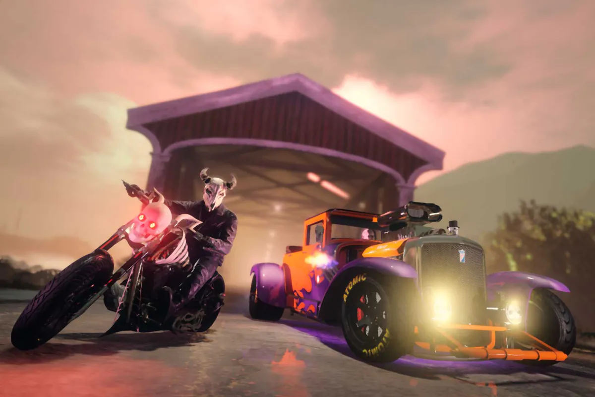 Una moto con calavera y un hot rod violeta de temática terrorífica, parte de los vehículos de Halloween de GTA Online