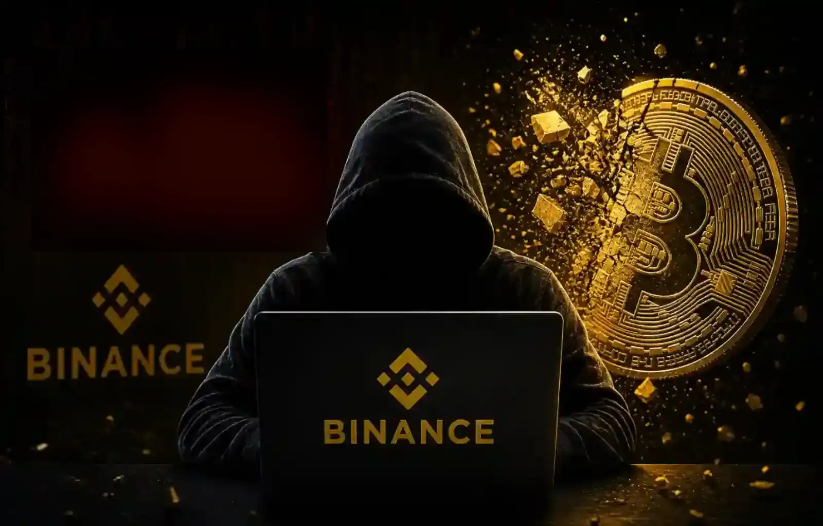 Ilustración de una persona encapuchada frente a una laptop con el logo de Binance y un bitcoin que se rompe, en referencia al hackeo a Binance