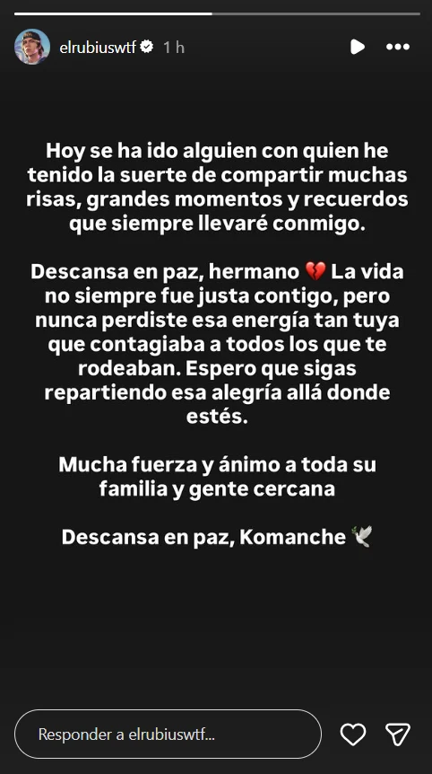 historia de instagram de El Rubius sobre la muerte del streamer Komanche