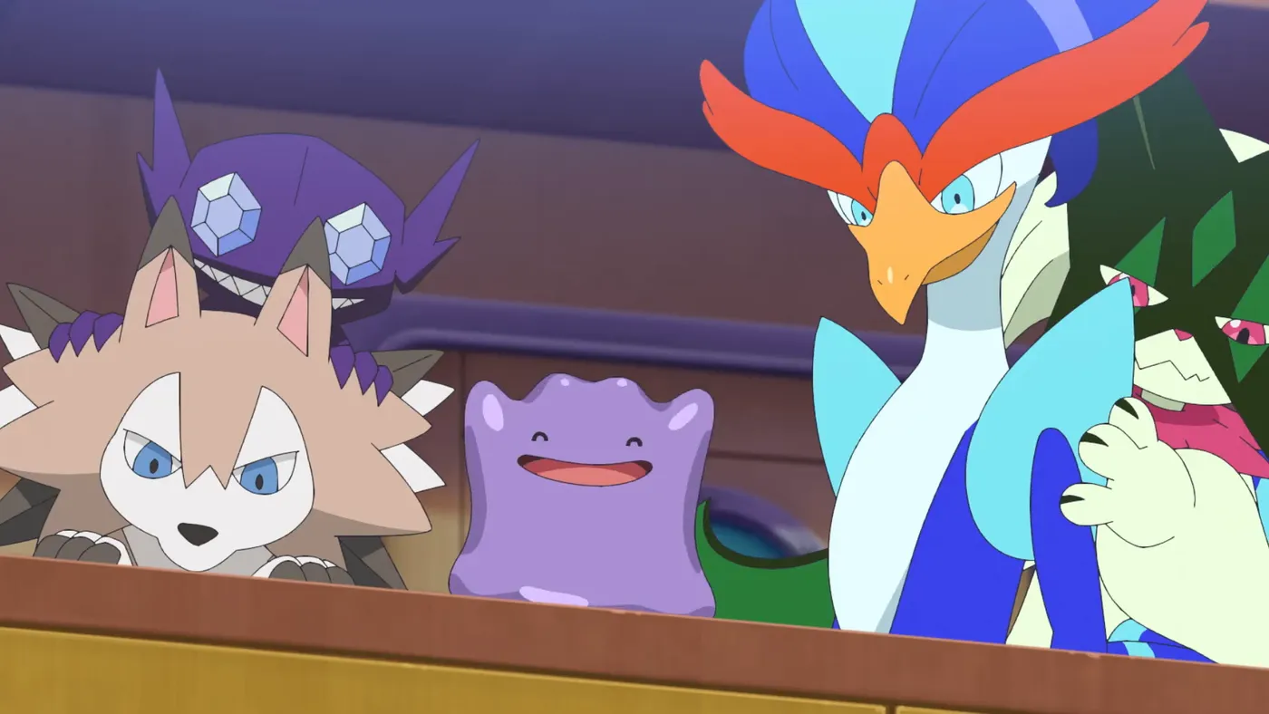 Un Ditto sonriente junto a Lycanroc, Quaquaval y otros Pokémon en el tráiler de Horizontes Pokémon temporada 4