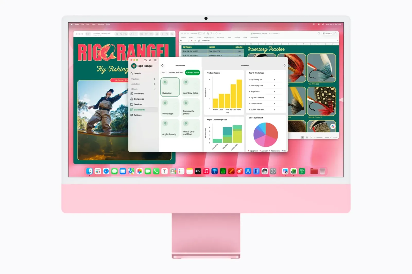 iMac con M6 rosa con una planilla de cálculo y gráficos en pantalla