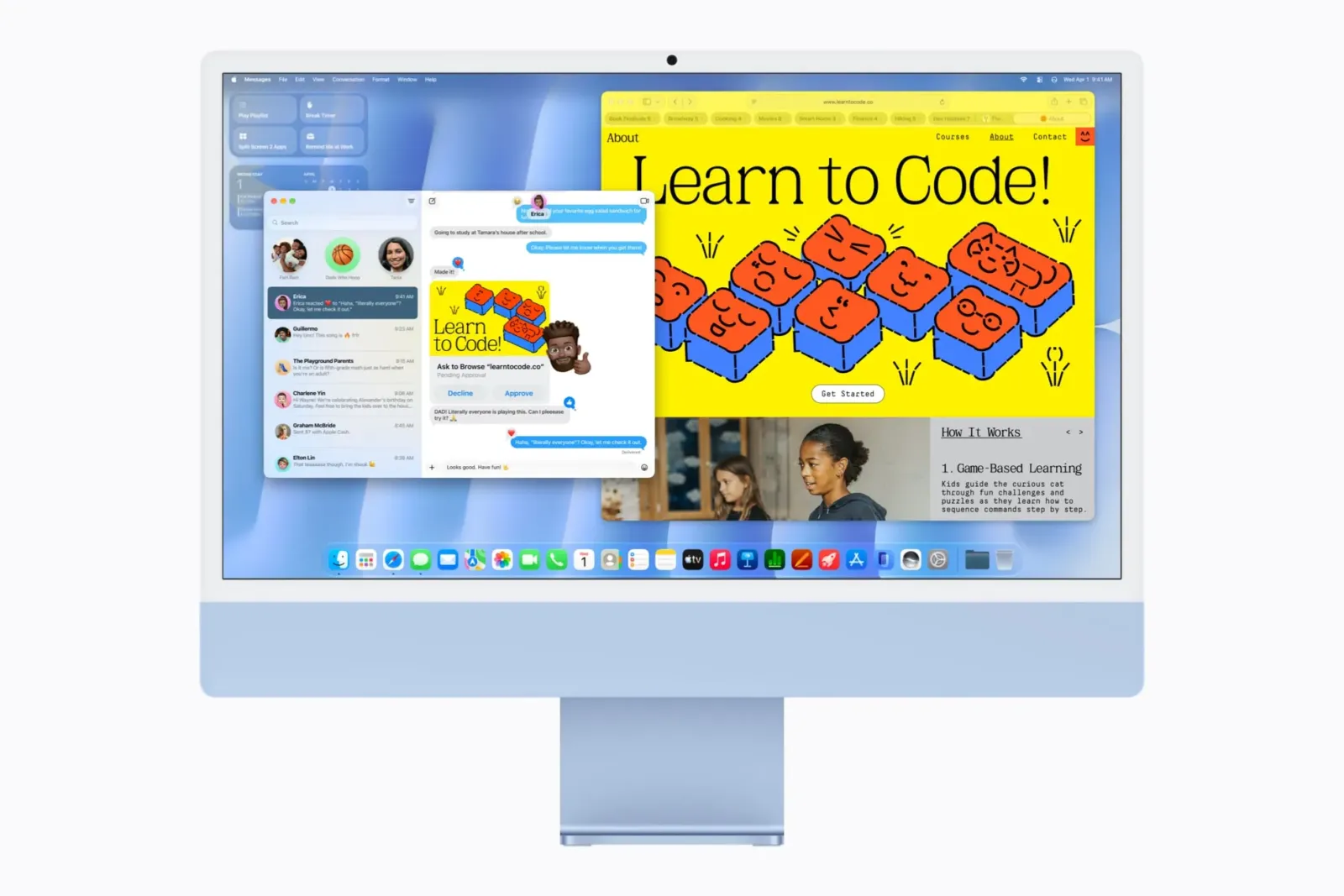 iMac con M6 azul con Mensajes y una presentación educativa en pantalla