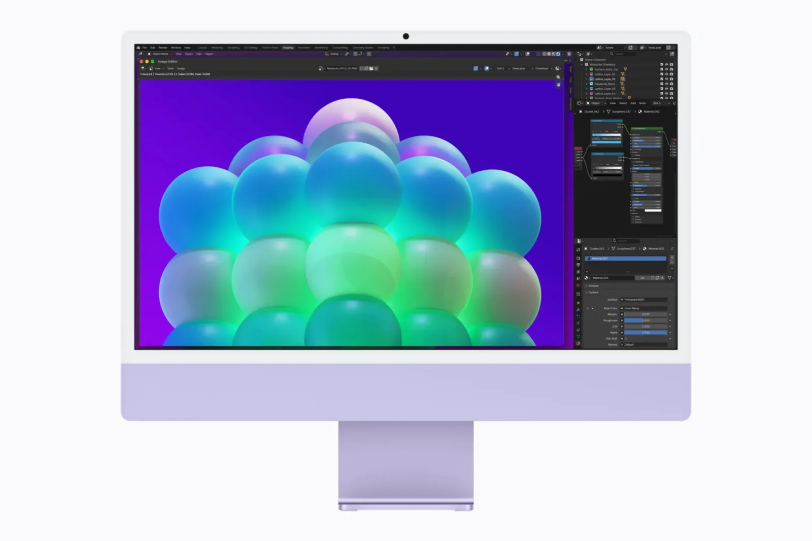 iMac con M6 violeta con una app de diseño 3D en pantalla