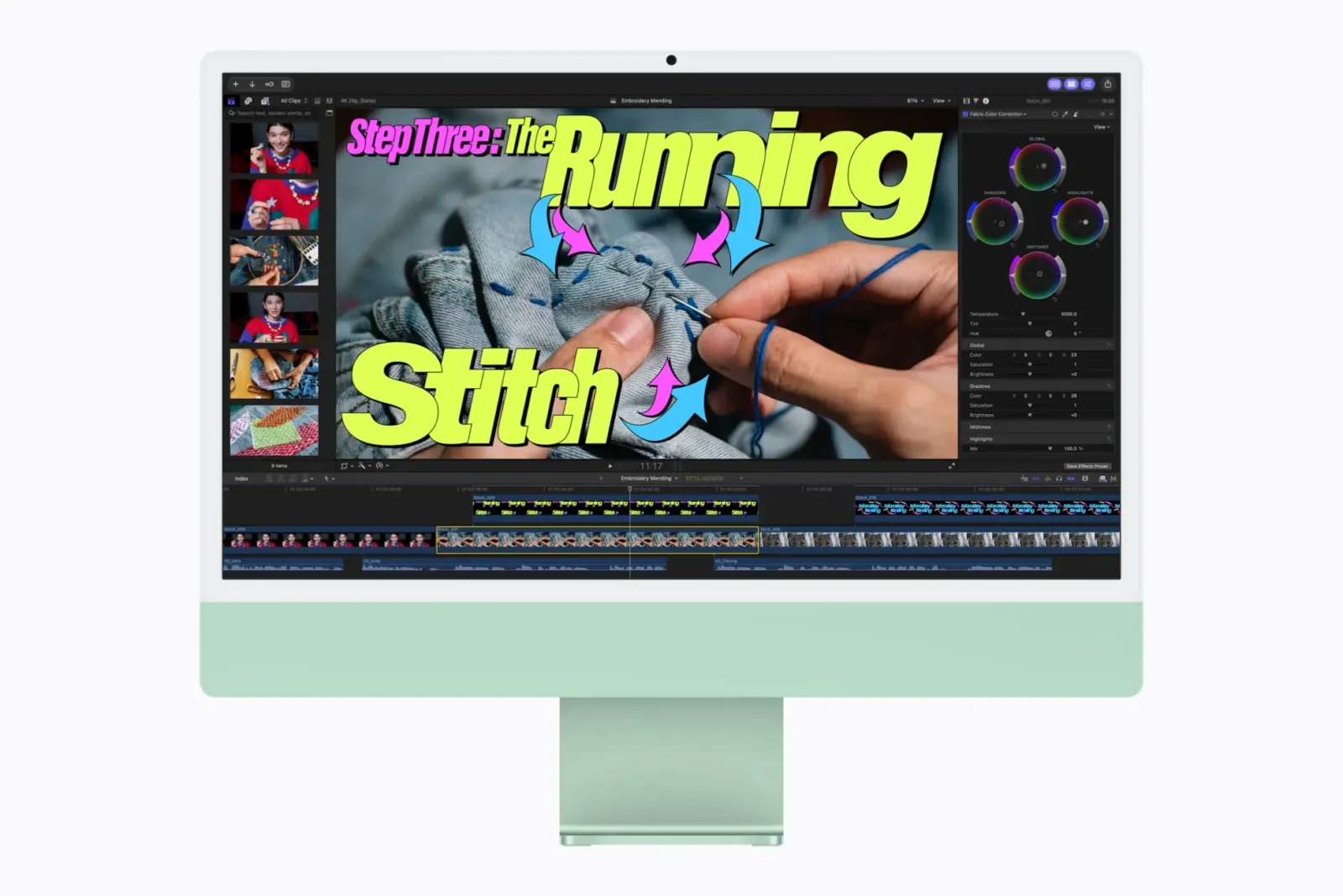 iMac con M6 verde con una app de edición de video en pantalla