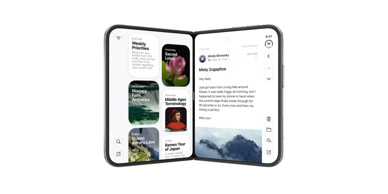 iPhone Duo abierto sobre fondo blanco, con la pantalla interna dividida en dos aplicaciones