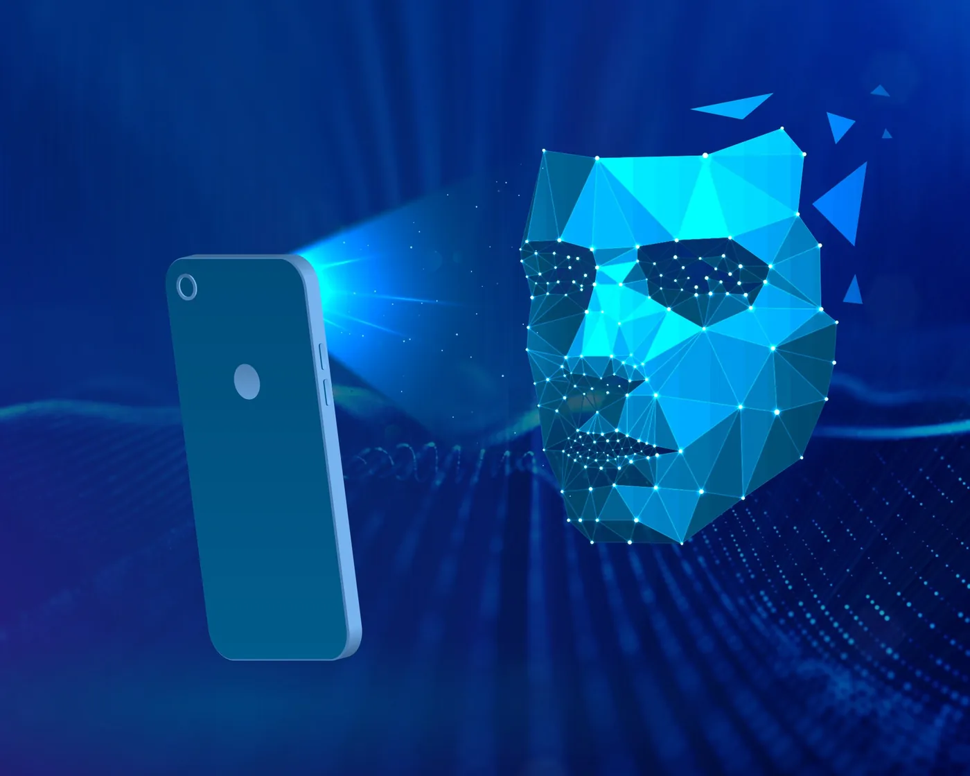 Ilustración de un celular que escanea un rostro digital hecho de polígonos y puntos de luz