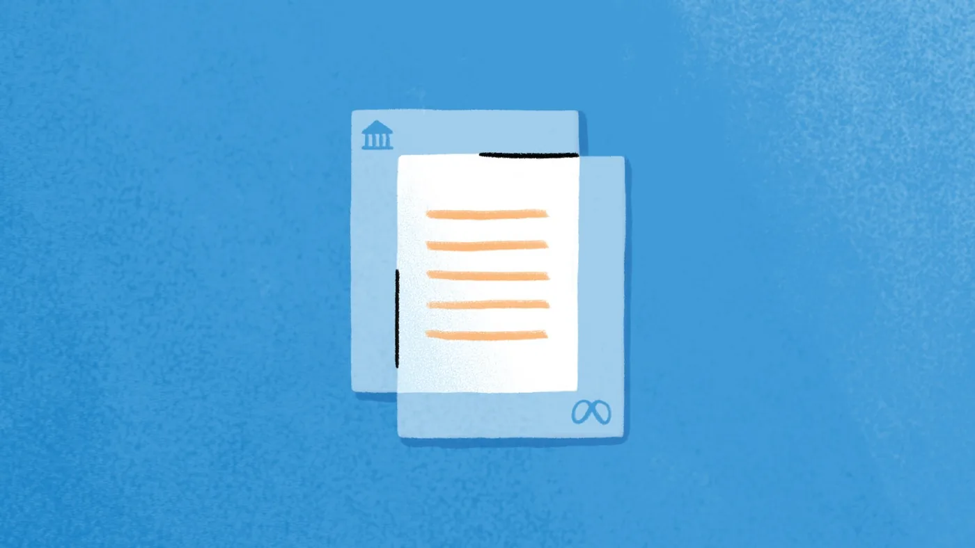 Ilustración oficial de Meta con un documento sobre fondo celeste, junto al ícono de un edificio de gobierno y el logo de Meta