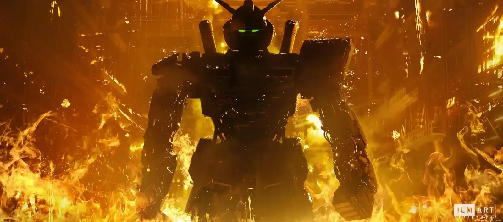 Arte conceptual del live-action de Gundam de Netflix, hecho por ILM: el RX-78-2 rodeado de llamas