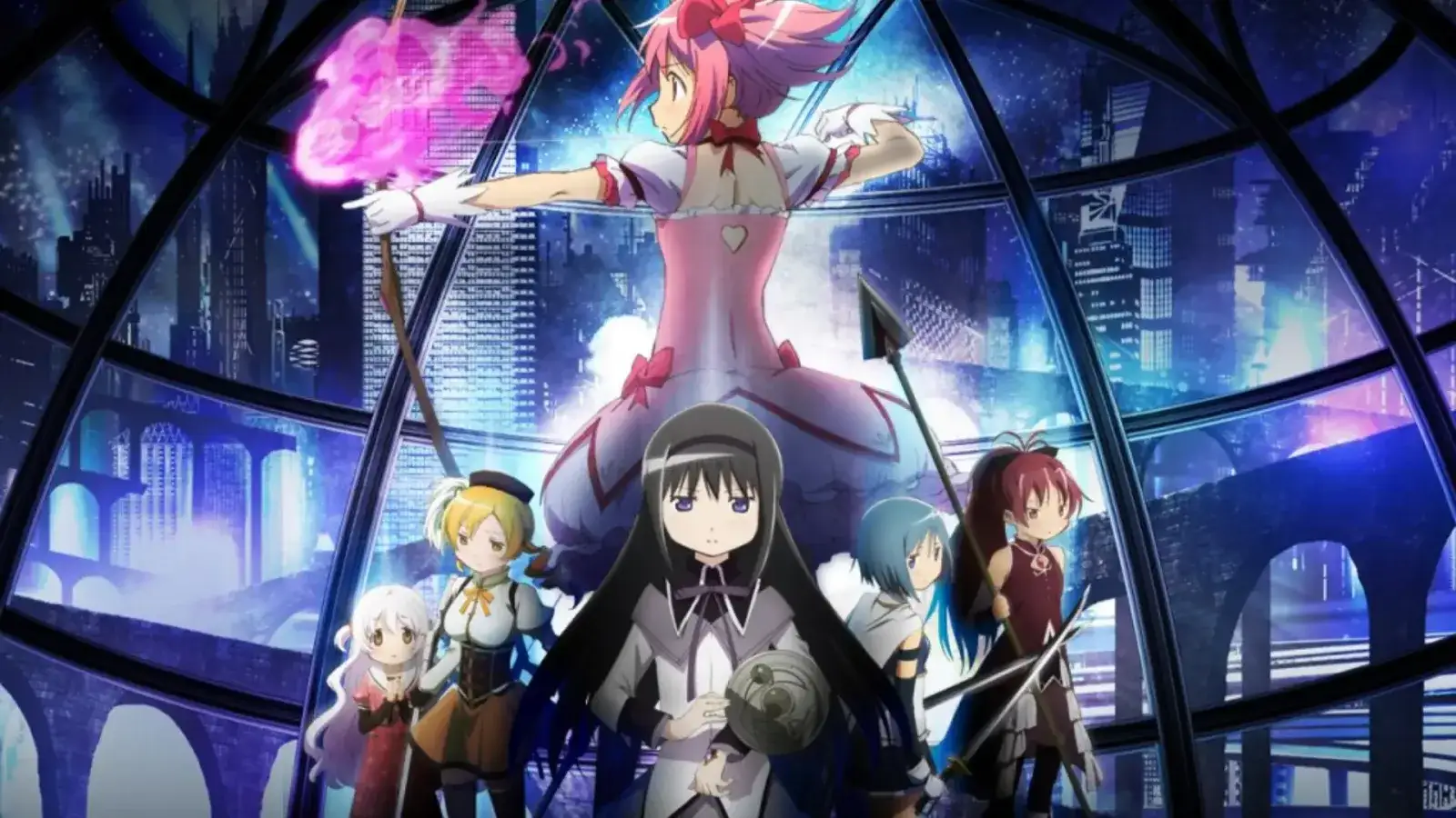 Madoka, Homura y las demás chicas mágicas en el arte promocional de Madoka Magica: Rebellion