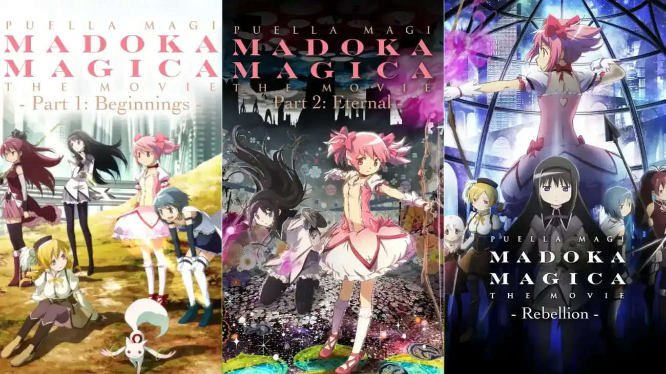 Pósters de las tres películas de Madoka Magica: Beginnings, Eternal y Rebellion
