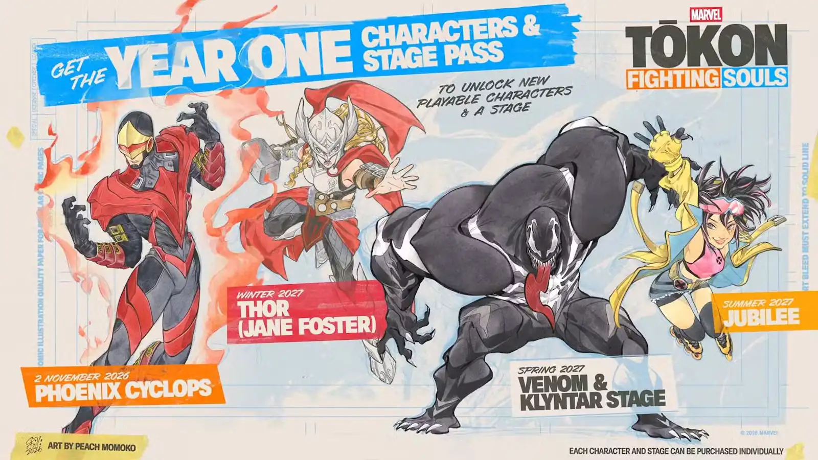 Póster oficial del pase del Año 1 de Marvel Tokon con Cíclope Phoenix, Thor (Jane Foster), Venom y Jubilee