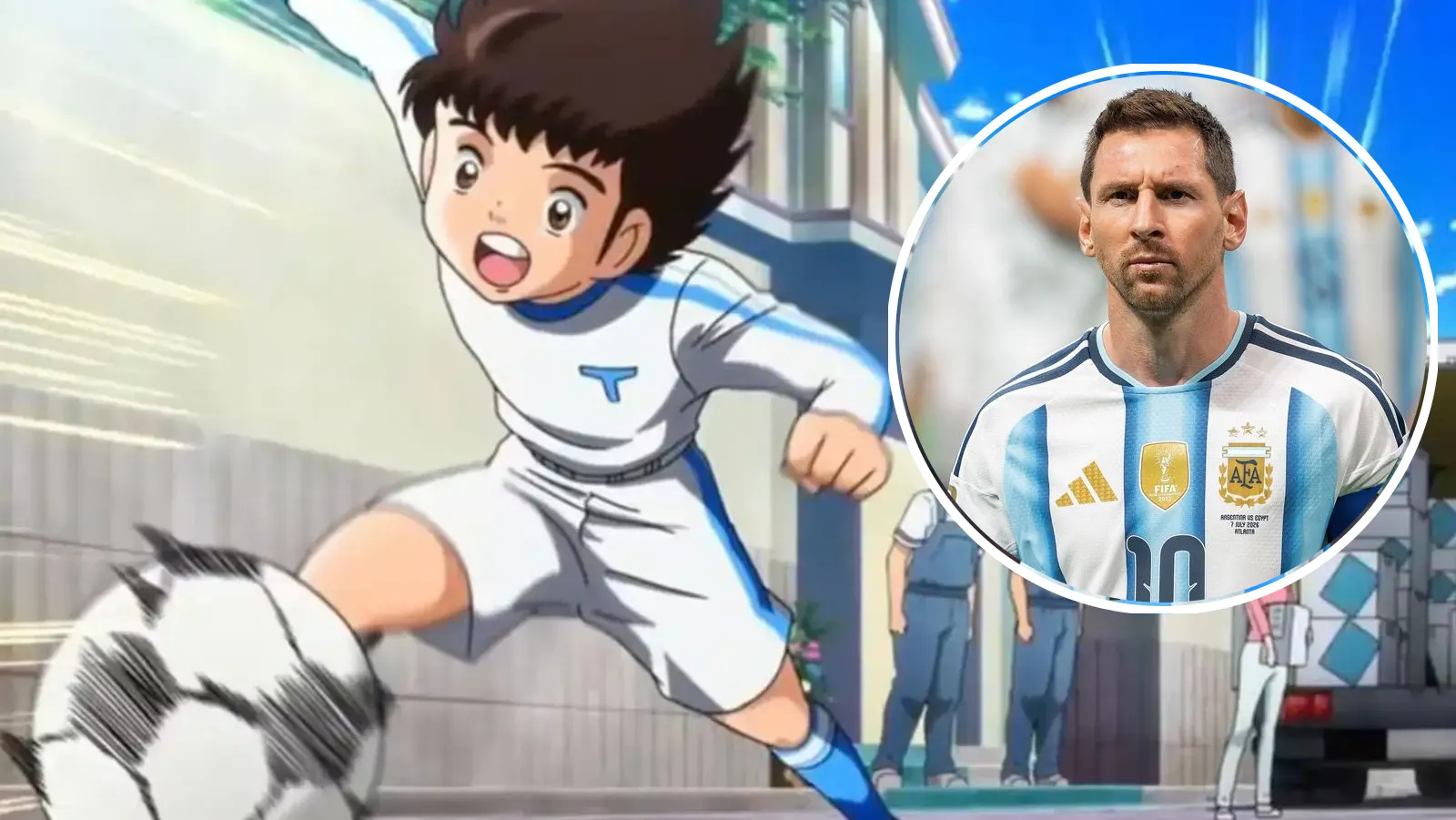 Montaje de Oliver Atom pateando la pelota en Supercampeones junto a Lionel Messi con la camiseta de la Selección argentina