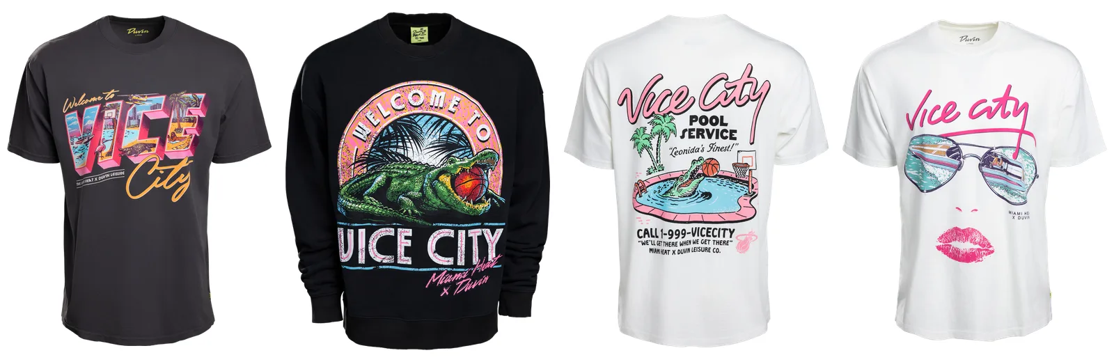 Prendas de la colección Vice City del Miami Heat: remera gris Welcome to Vice City, buzo negro con un caimán, remera Vice City Pool Service y remera blanca con anteojos de sol
