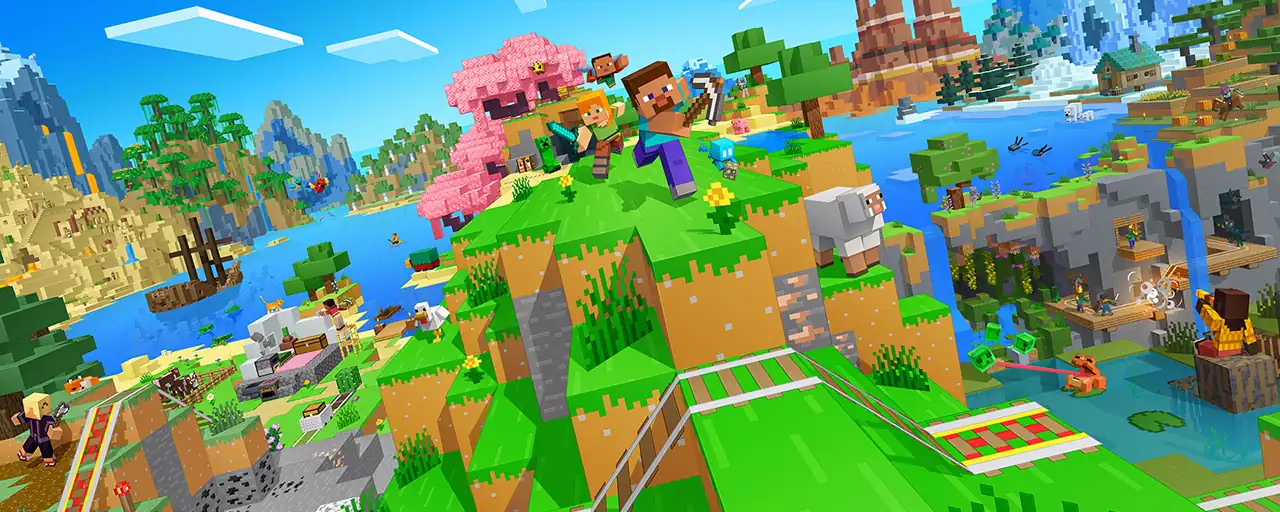 Steve y Alex saltan sobre una colina en el arte oficial de Minecraft para Nintendo Switch 2