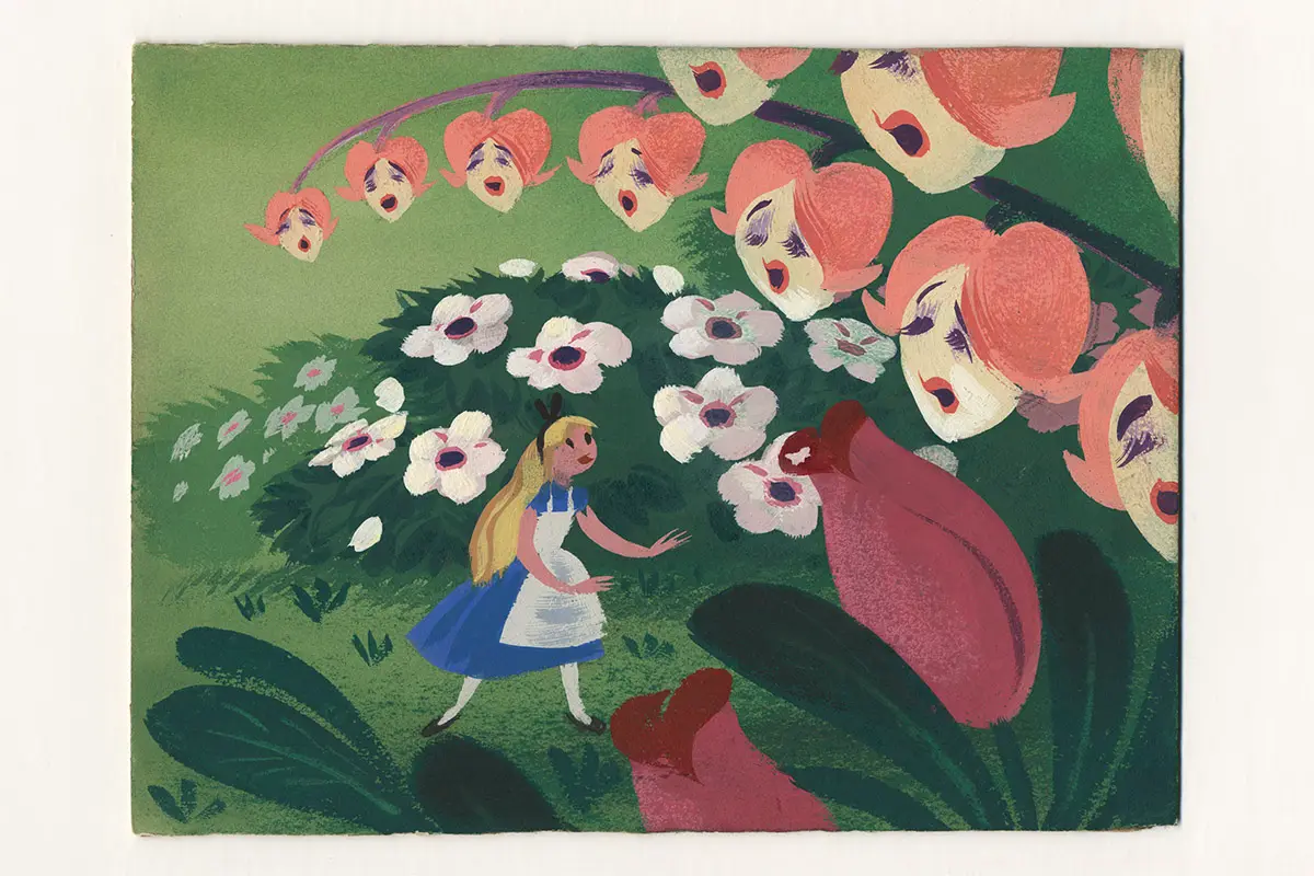 Ilustración de Alicia en el país de las maravillas que forma parte de la muestra de Disney La magia de crear en el Palacio Libertad