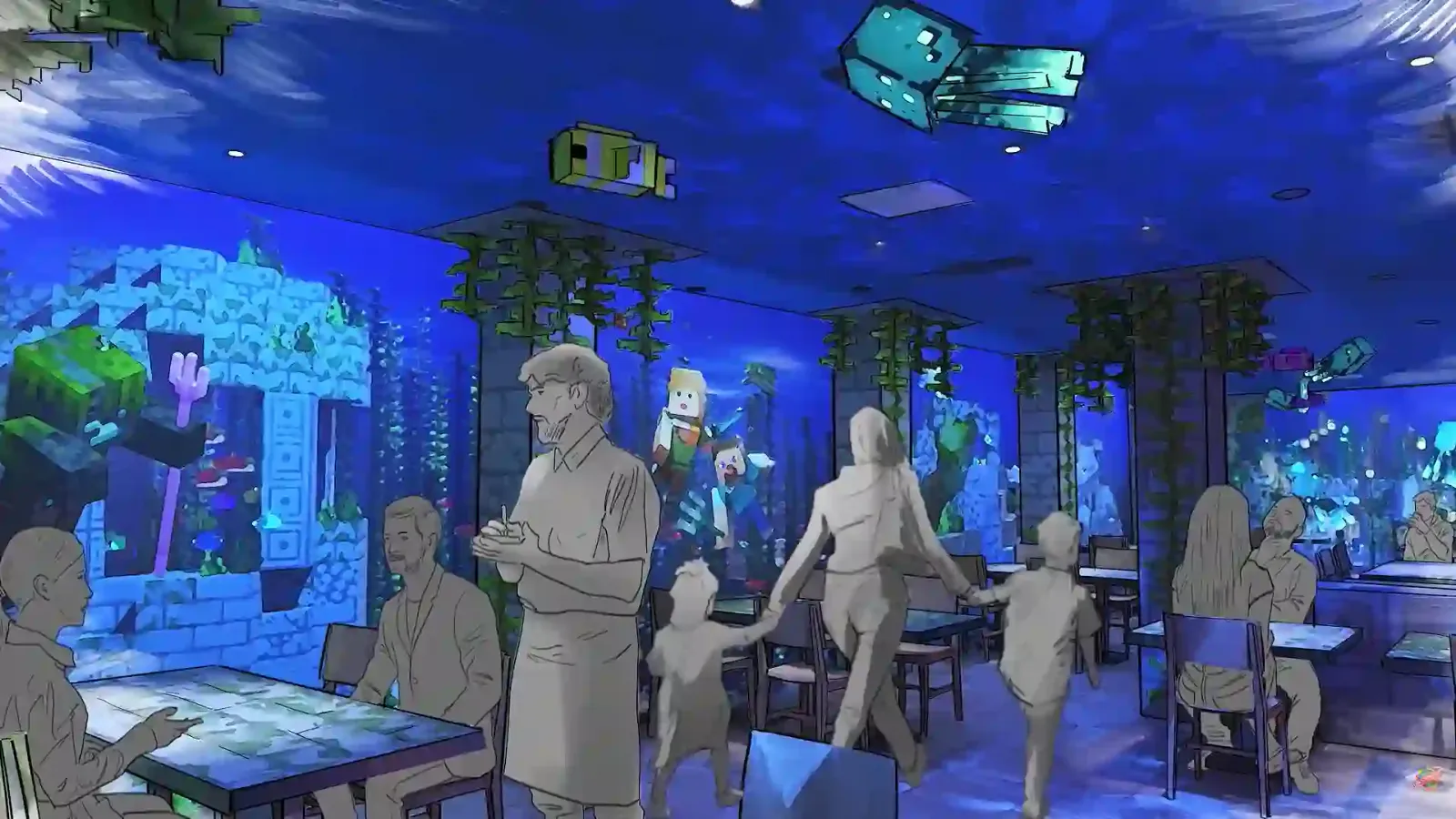 ilustración de un restaurante tematizado en el hotel de Minecraft