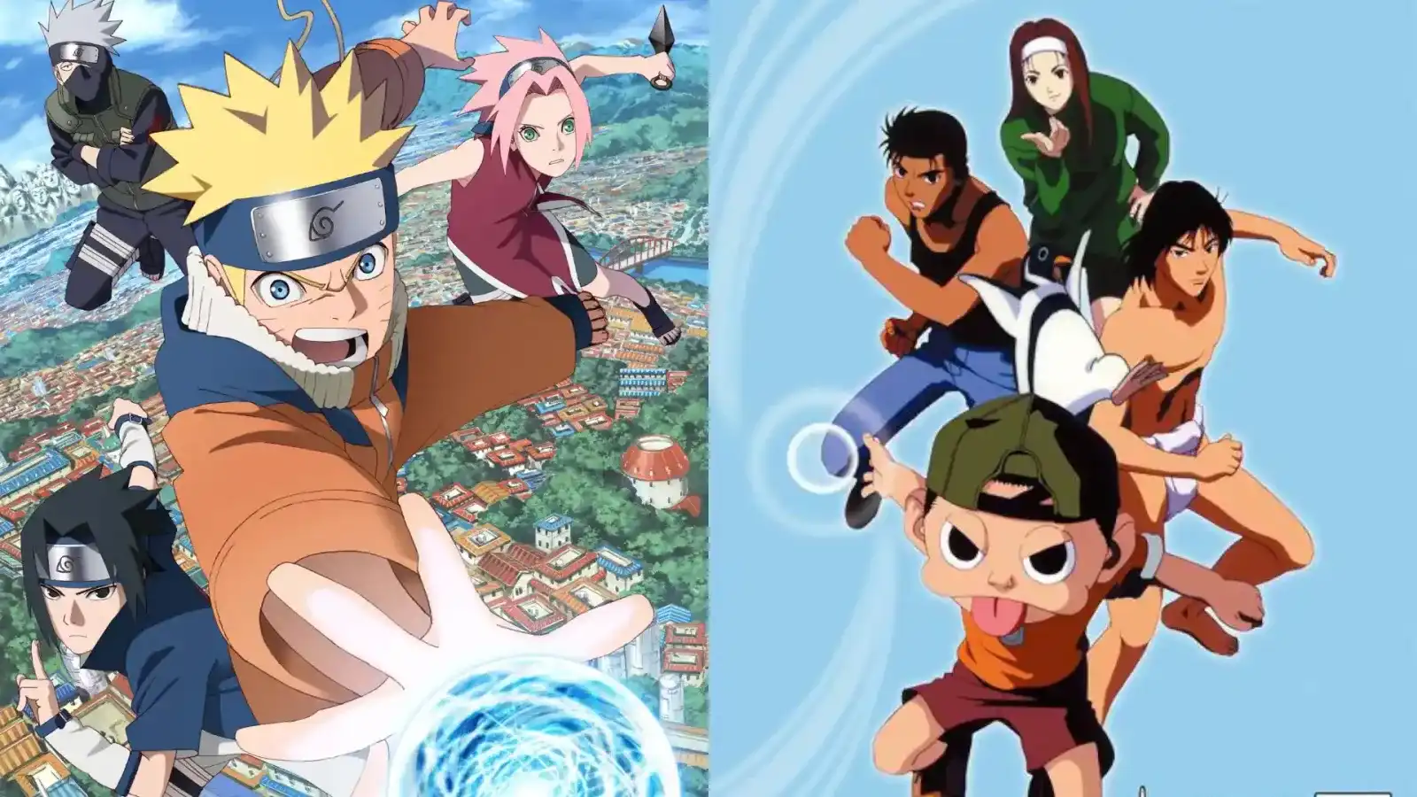 Naruto, Sasuke, Sakura y Kakashi junto a los protagonistas de Ninku, las dos series que se cruzan en el nuevo anime