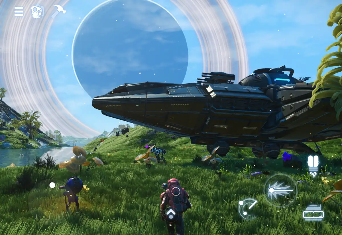 Captura de No Man's Sky en iPad con los nuevos controles táctiles, un viajero y su nave bajo un planeta con anillos