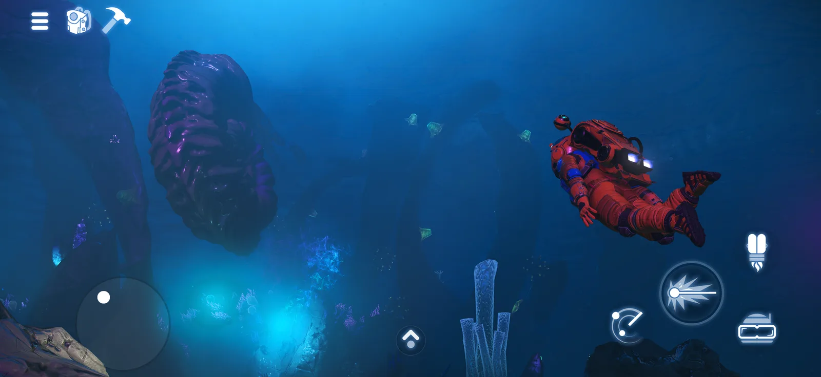 Captura de No Man's Sky en iPhone: un viajero bucea en un océano alienígena con los controles táctiles en pantalla