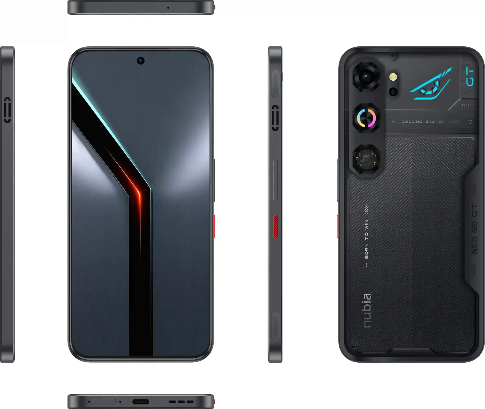 nubia Neo 5 GT 5G visto de frente, de dorso y de costado