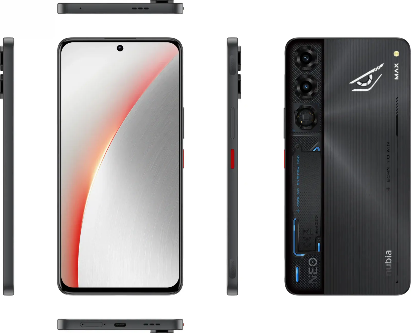 nubia Neo 5 Max 5G visto de frente, de dorso y de costado