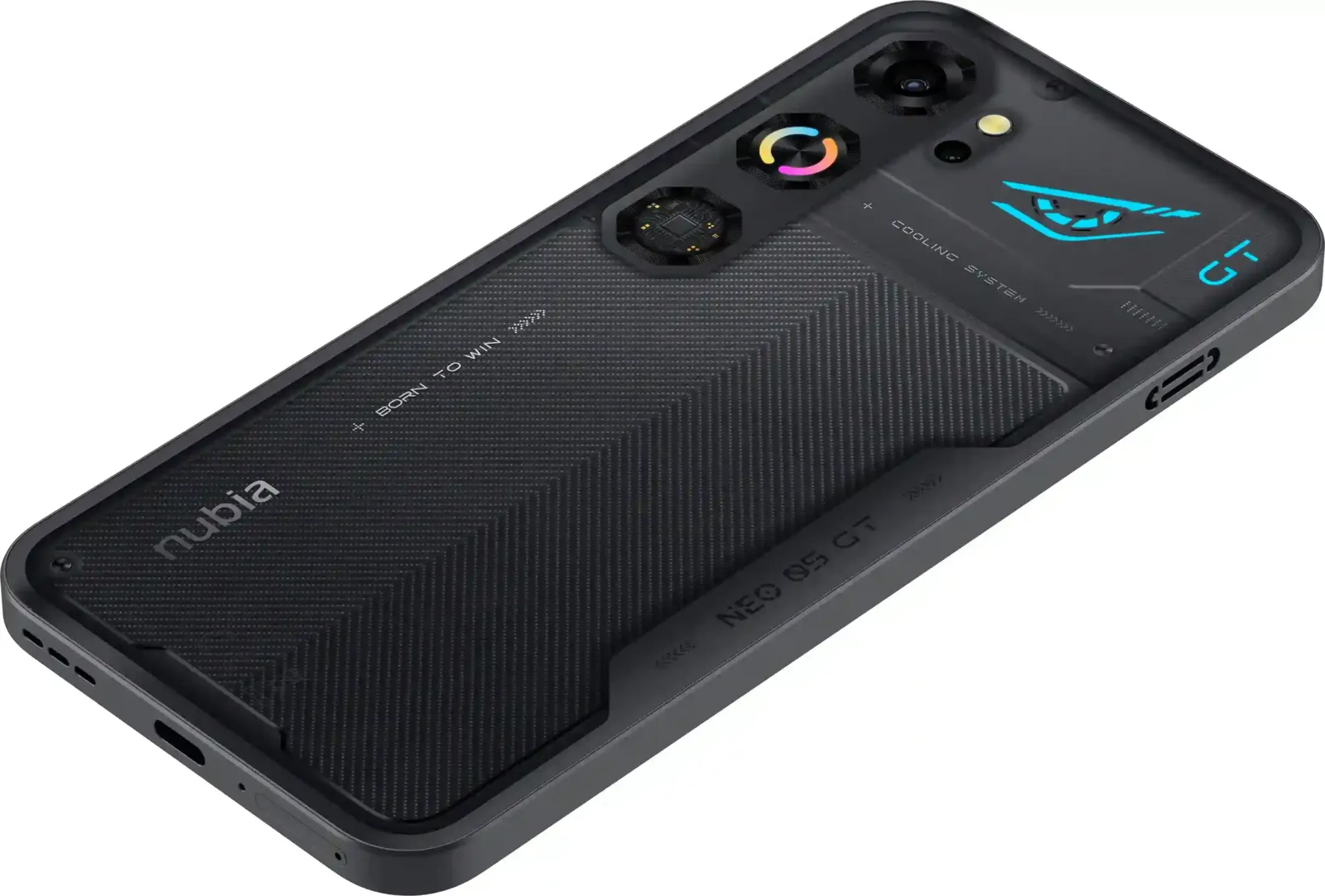 Dorso del nubia Neo 5 GT 5G con el módulo de cámaras y las luces RGB
