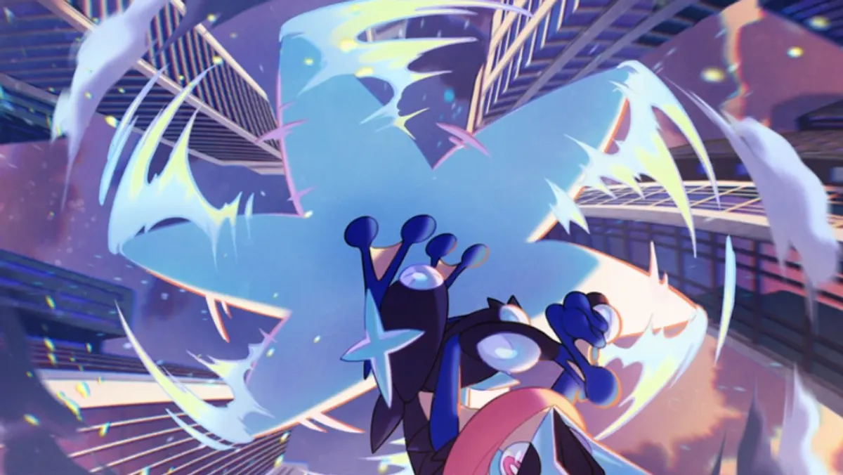 Arte oficial de Mega-Greninja ex en la expansión Fusión Dual de JCC Pokémon Pocket