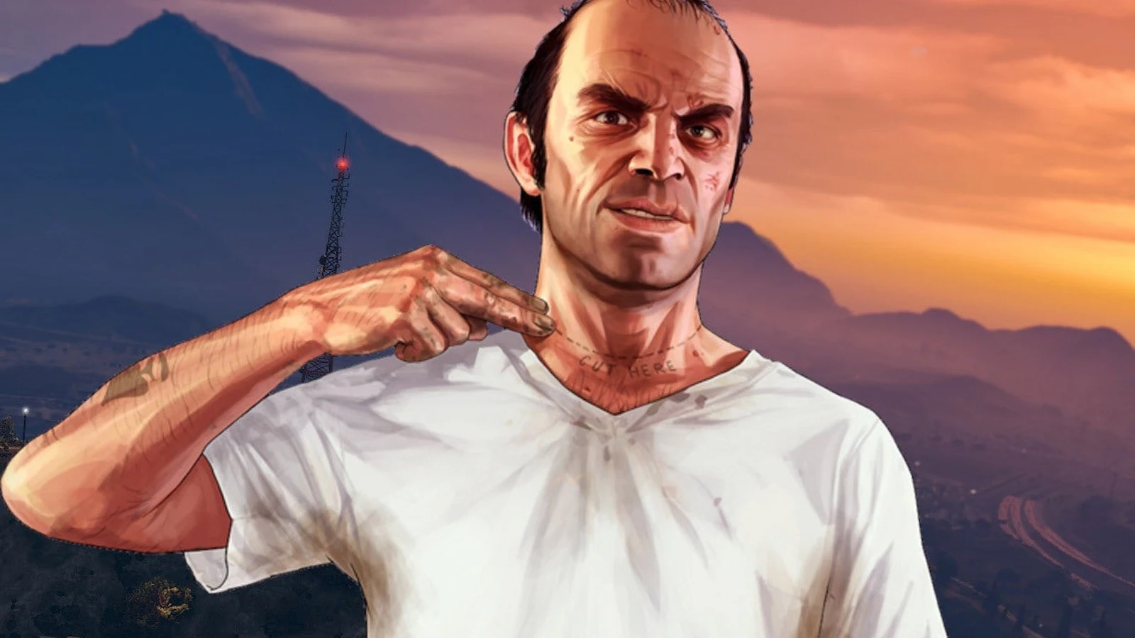 Trevor Philips hace el gesto de cortarse el cuello en el arte oficial de GTA V, uno de los juegos que se van de PS Plus en noviembre