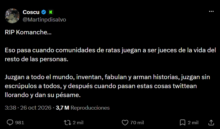publicación de Coscu en X sobre la muerte del streamer
